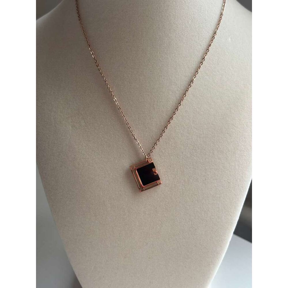 Rose Gold Square Pendant Necklace Minimal Black Stone Geometric Charm - Picture 2 of 3